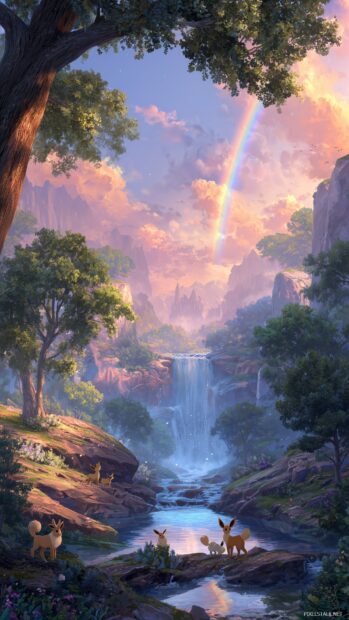 HD Eeveelution Backgrounds, A breathtaking landscape showing Eeveelutions exploring a serene waterfall with rainbow reflections.