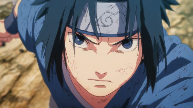 HD Sasuke backgrounds, A close up view of Sasuke during a critical moment in battle, focusing on his determined expression and the details of his outfit.