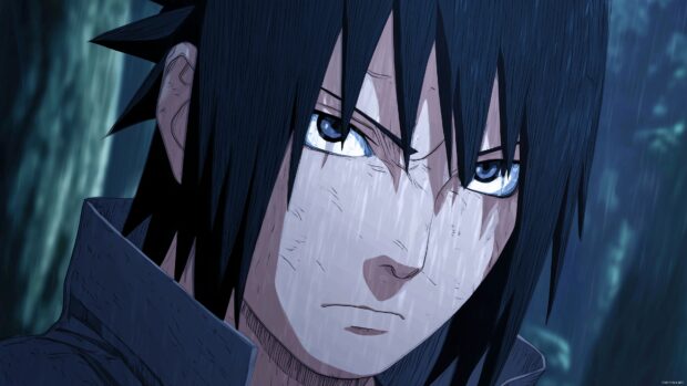 HD Sasuke backgrounds, A detailed portrait of Sasuke in his Uchiha outfit, emphasizing his serious expression and striking Sharingan eyes.