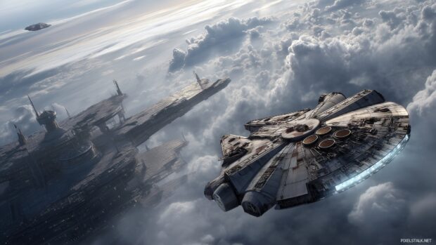 HD Star Wars Wallpapers, A majestic view of the Millennium Falcon flying past a derelict space station.