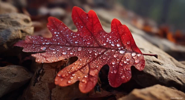 HD fall desktop wallpaper capturing close up of dew kissed crimson oak leaf on rocky forest floor.