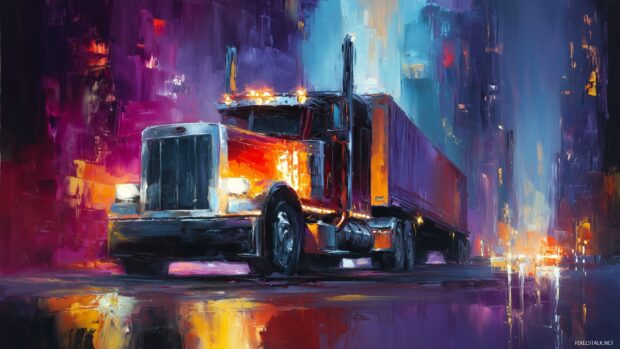 HD truck wallpaper, An expressive representation of a Semi truck in a cityscape at night, illuminated by colorful city lights.