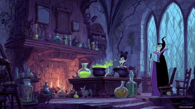 Halloween Disney Desktop Backgrounds, A witchy setup featuring characters like Maleficent brewing potions in an old, spooky mansion.