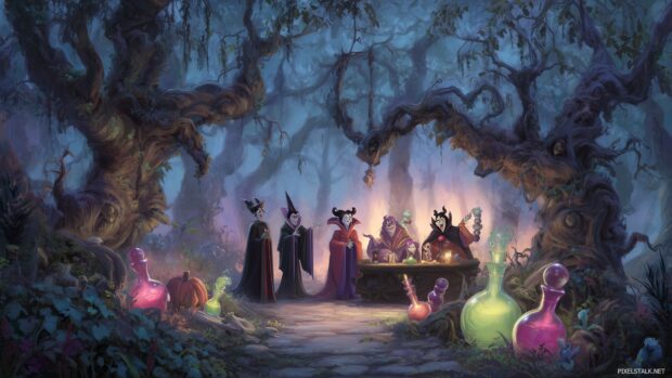 Halloween Disney Desktop Backgrounds, Eerie forest setting with Disney villains having a Halloween celebration among twisted trees and glowing potion bottles.