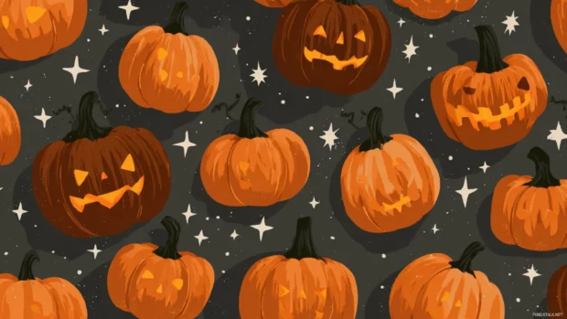 Halloween pumpkin desktop wallpaper illustrated in a flat spooky style with glowing pumpkins and stars on a charcoal background.