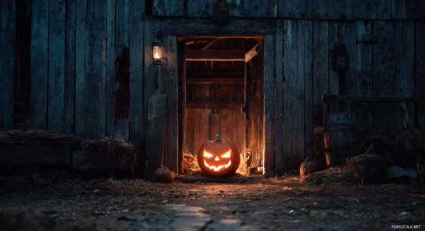 Halloween pumpkin wallpaper showing spooky carved face illuminated by flickering flame inside dark barn doorway.