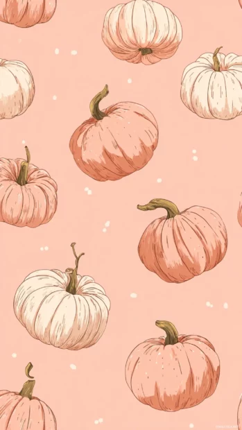 Hand drawn cute pumpkin illustrations with a light pink and peach background.