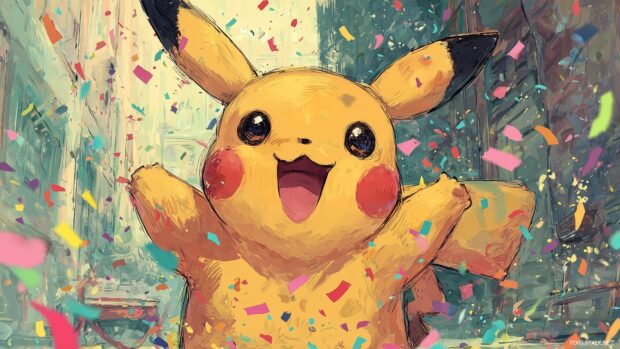 Happy Pikachu wallpapers displaying Pikachu celebrating with confetti at a birthday party.