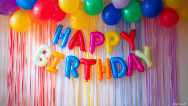 Happy birthday wallpaper hd with colorful balloons and a festive atmosphere.