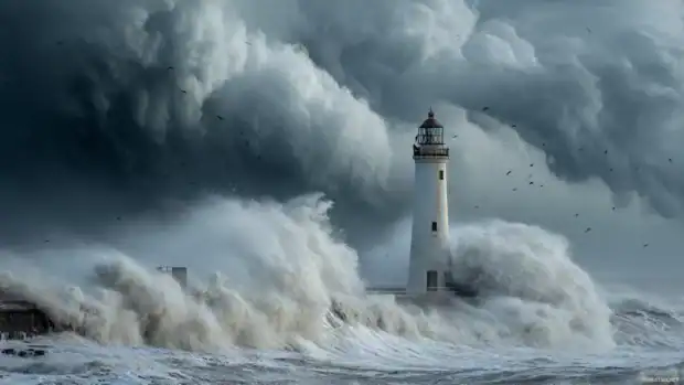 Hd lighthouse wallpapers capturing crashing waves against lighthouse base under stormy cloud formations.
