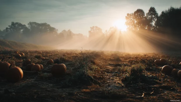 Hd pumpkin wallpaper capturing a misty autumn field with scattered pumpkins and golden sun rays.