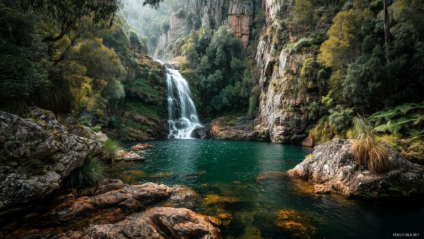 Hd wallpaper for computer, A picturesque waterfall cascading down a rocky cliff surrounded by lush vegetation.