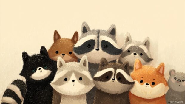 Heartwarming cute baby animal illustrations backgrounds centered around curious little raccoons.