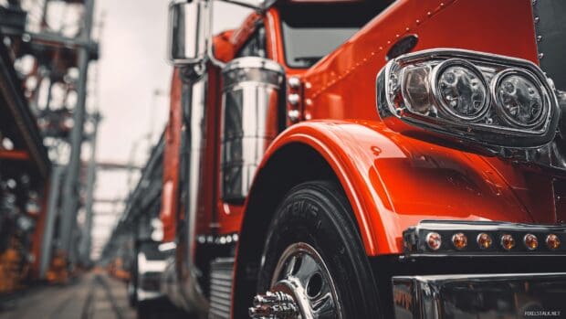 Heavy duty Semi truck wallpapers, A close up view of a heavy duty Semi truck intricate mechanical details with a bold industrial setting.