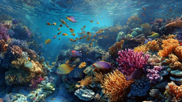 High Quality Free HD Wallpaper Background showcasing a vivid underwater scene with colorful coral reefs and tropical fish swimming gracefully.