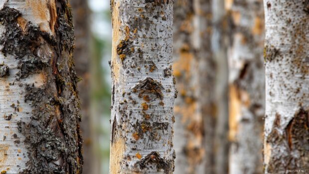 High definition aspen tree backgrounds, A close up of aspen tree trunks with intricate bark textures set against a blurred background.
