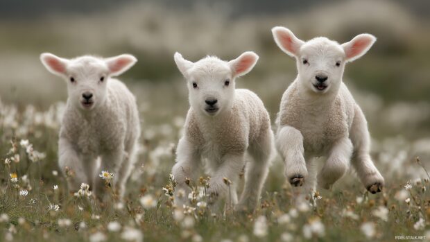 High definition cute baby animal wallpapers with adorable lambs frolicking in a field.