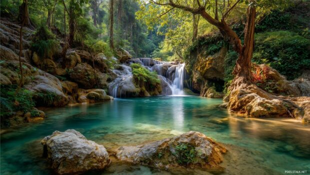 High definition waterfall wallpaper with vibrant colors and lush greenery.