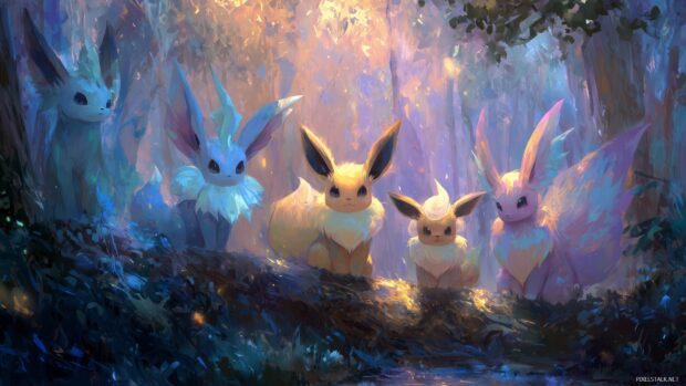 High resolution Eeveelution wallpapers, A close up view of each Eeveelution in a mystical forest setting with soft light filtering through the trees,.