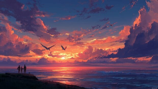 High resolution Pokemon backgrounds for desktop depicting a breathtaking sunset over a vast ocean with silhouettes of Pokemon.