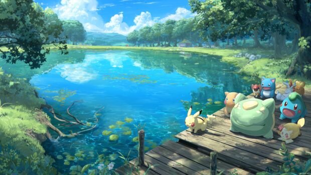 High resolution Pokemon backgrounds for desktop illustrating a serene lakeside with Pokemon relaxing by the water.