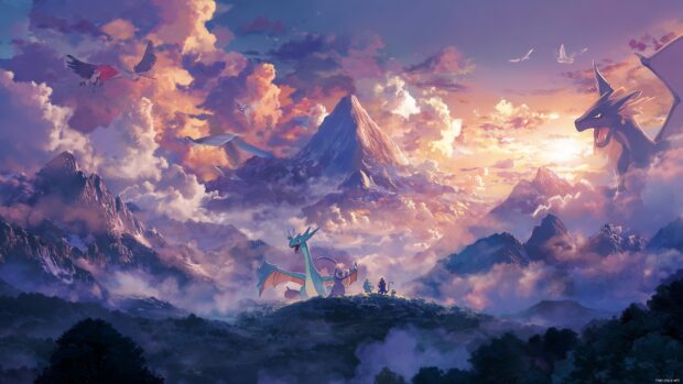 High resolution Pokemon backgrounds for desktop showcasing an epic battle scene against a majestic mountain.
