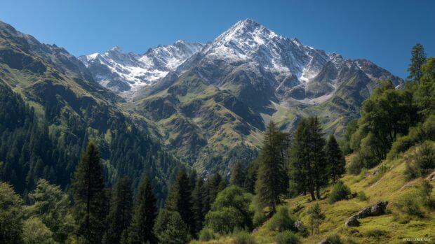 High resolution desktop backgrounds, A majestic mountain landscape with a clear blue sky and lush greenery.