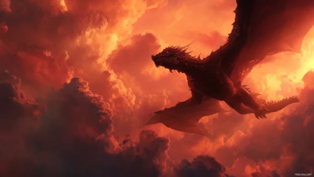 High resolution desktop wallpaper HD illustrating a fierce dragon soaring through fiery skies.