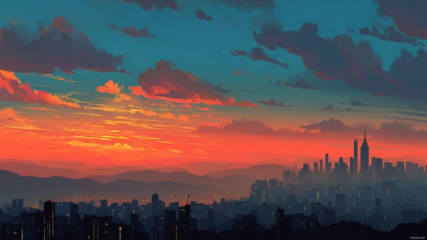 High resolution desktop wallpaper featuring a vibrant city skyline at sunset.