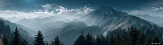 High resolution desktop wallpaper for dual monitors portraying a panoramic view of majestic mountains.