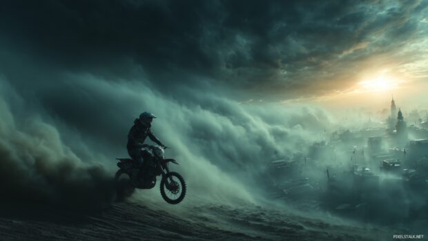 High resolution dirt bike wallpapers free depicting a gothic themed landscape with dirt bikes.