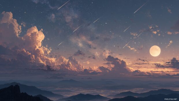 High resolution wallpaper hd for desktop featuring a dreamy night sky filled with shooting stars and a glowing moon.