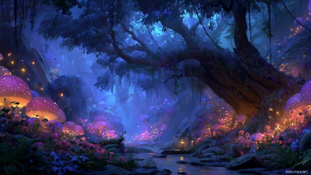 High resolution wallpaper hd for desktop showcasing a whimsical forest with fantastical creatures and magical lighting.