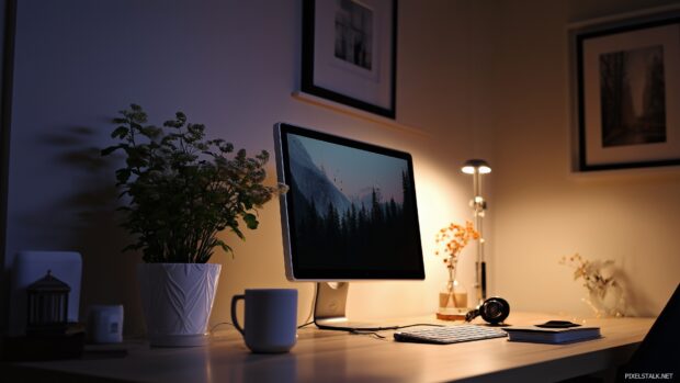 High resolution wallpaper hd for desktop that highlights a minimalistic workspace with cozy lighting and elegant décor.