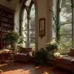 High resolution wallpaper of a serene library setting, complete with comfortable seating and large windows letting in natural light