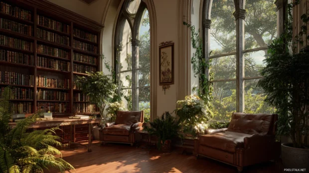 High resolution wallpaper of a serene library setting, complete with comfortable seating and large windows letting in natural light.