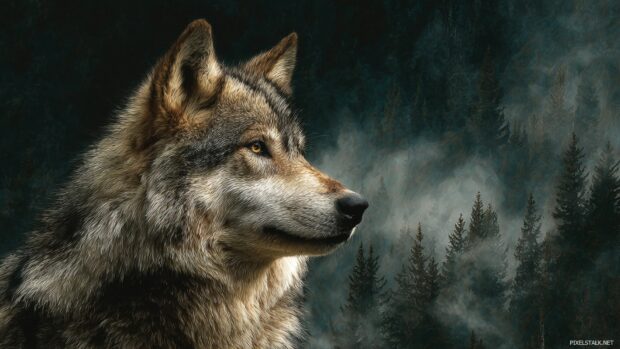 High resolution wolf wallpaper hd centered around a majestic wolf gazing into the distance.