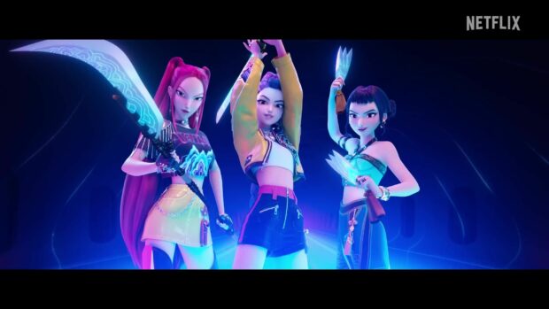 Huntrix Pose with Weapons Drawn.