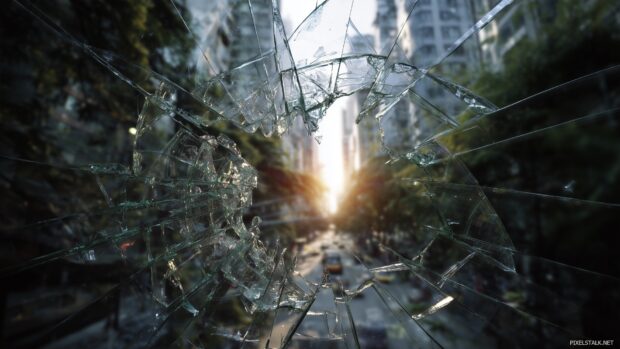 Imagery of broken screen wallpaper in HD that creatively merges urban elements with digital aesthetics.