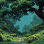 Imaginative illustration of a green fairy forest using vivid gre