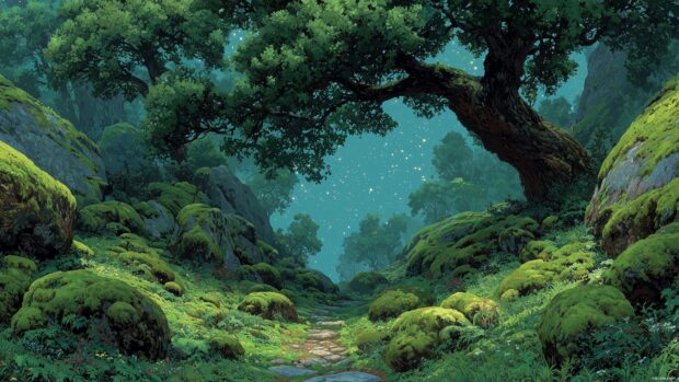 Imaginative illustration of a green fairy forest using vivid gre.