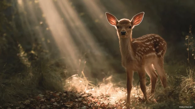 In a forest clearing a baby deer stands amidst soft rays of sunlight creating a baby animal backgrounds hd aesthetic, serene and pure.