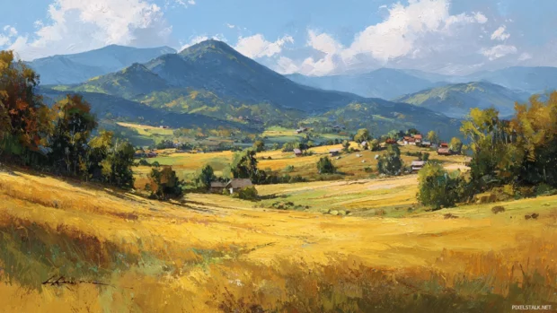 In the heart of a rural valley, autumn takes over the landscape with golden fields and distant mountain silhouettes (2).
