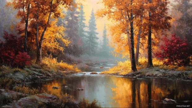 In the heart of a rural valley, autumn takes over the landscape with golden fields and distant mountain silhouettes.