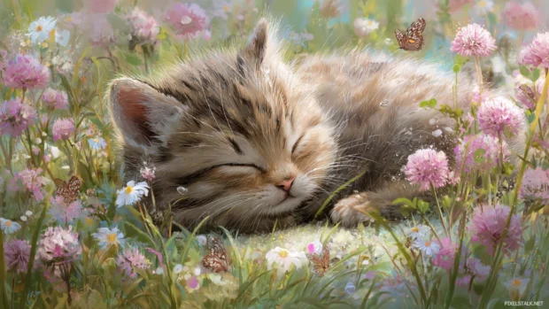 In the heart of spring, a Cute Baby Animal rests in a fluffy meadow with blooming flowers and fluttering butterflies.