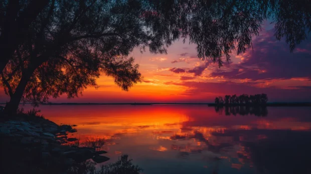 Inspiring Free HD Wallpaper Background Download displaying a breathtaking sunset over a calm lake, with silhouettes of trees framing the view.