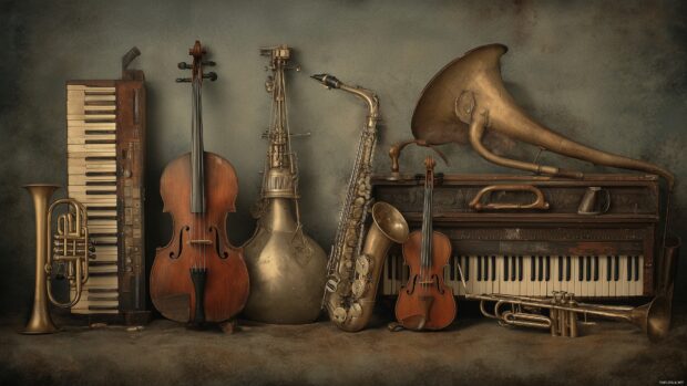 Instrumental Music Backgrounds, A nostalgic and vintage inspired arrangement of classic musical instruments set against a textured background.