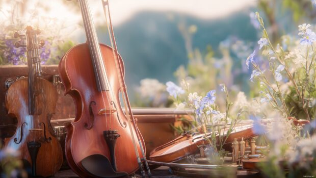 Instrumental Music Backgrounds, A tranquil scene featuring orchestral instruments among nature, harmonizing with soft pastel colors.