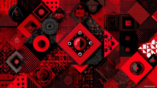 Intricate geometric red and black, Complex geometric shapes combining red and black in a symmetrical arrangement, showcasing modern artistry.