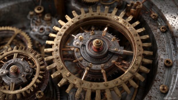 Intricate steampunk gears and machinery in motion, high definition 3D backgrounds.